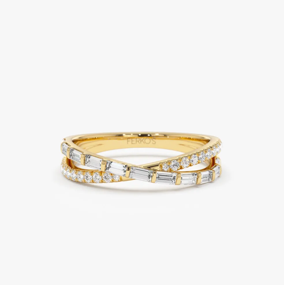 14k Mix Baguette and Round Diamond Crossover Ring