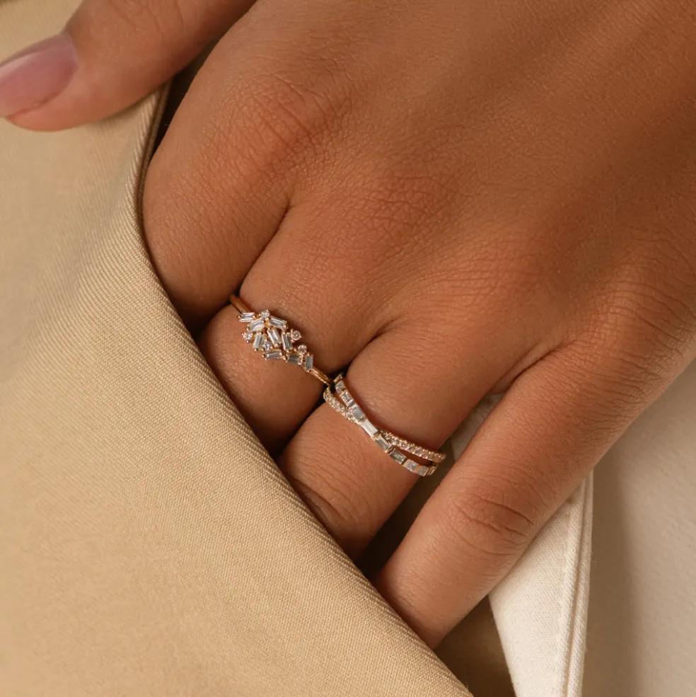14k Mix Baguette and Round Diamond Crossover Ring