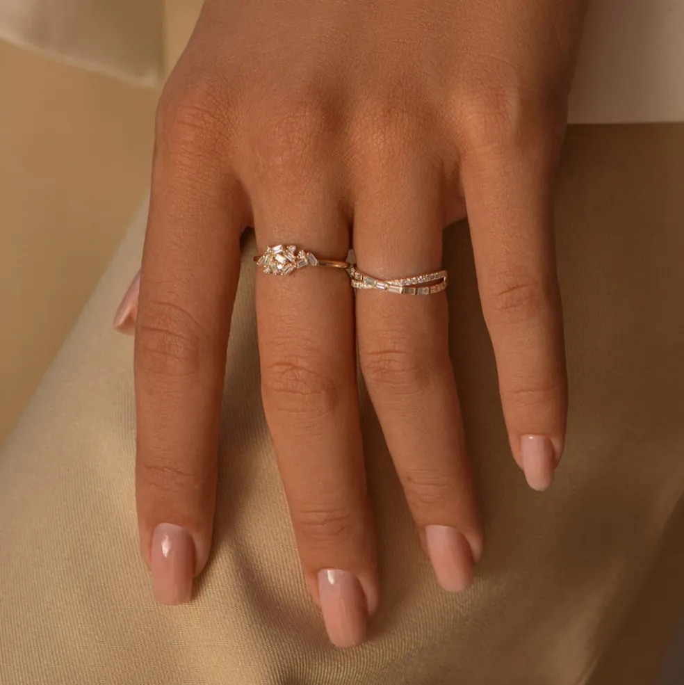 14k Mix Baguette and Round Diamond Crossover Ring