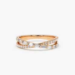 14k Mix Baguette and Round Diamond Crossover Ring