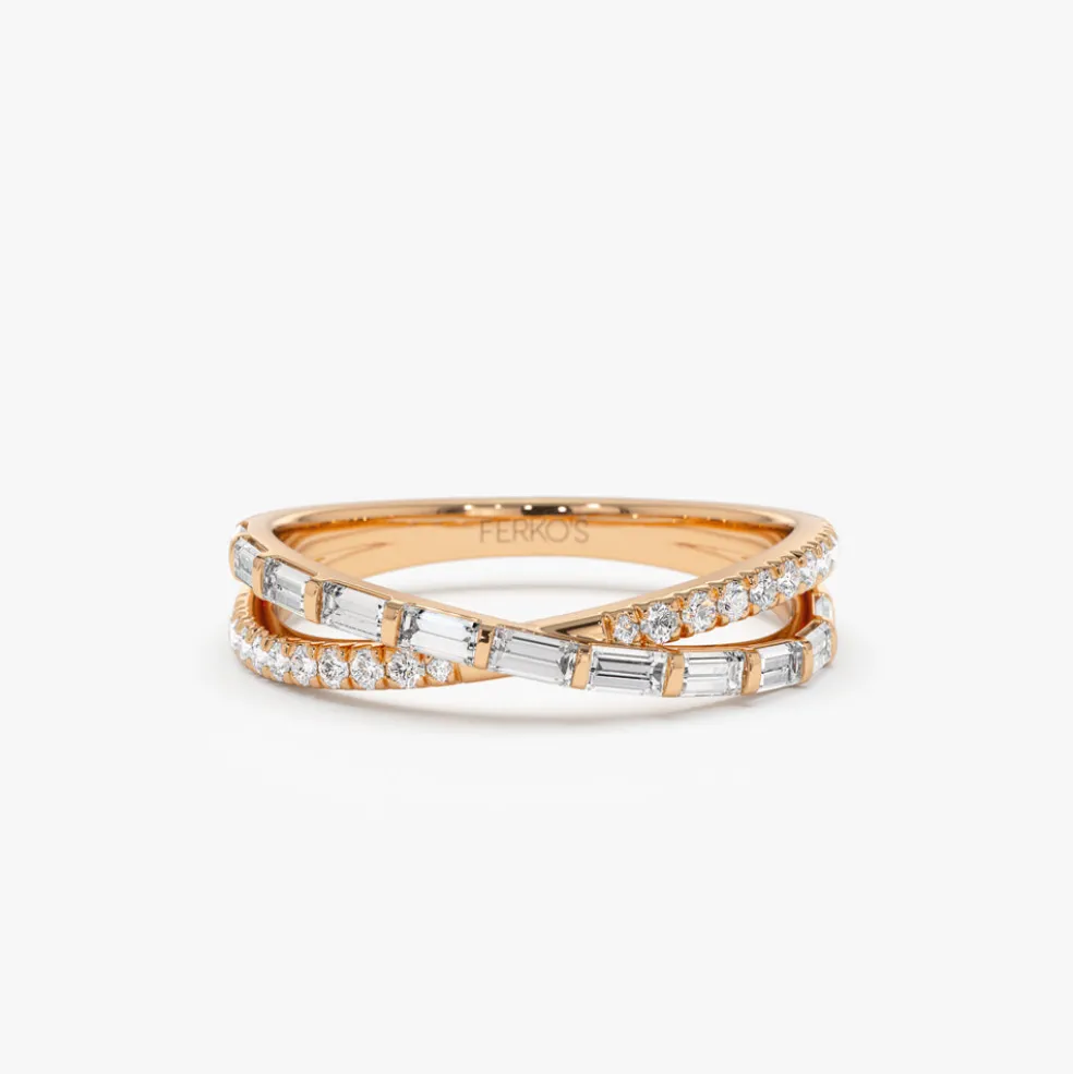 14k Mix Baguette and Round Diamond Crossover Ring