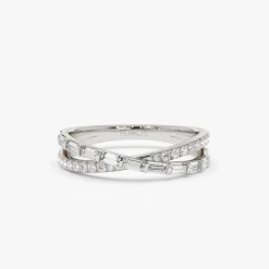 14k Mix Baguette and Round Diamond Crossover Ring