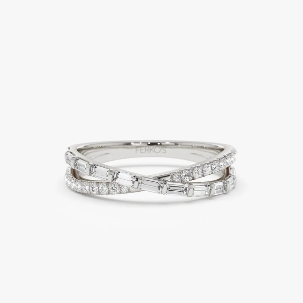 14k Mix Baguette and Round Diamond Crossover Ring