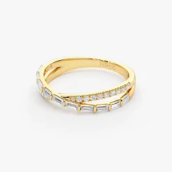 14k Mix Baguette and Round Diamond Crossover Ring