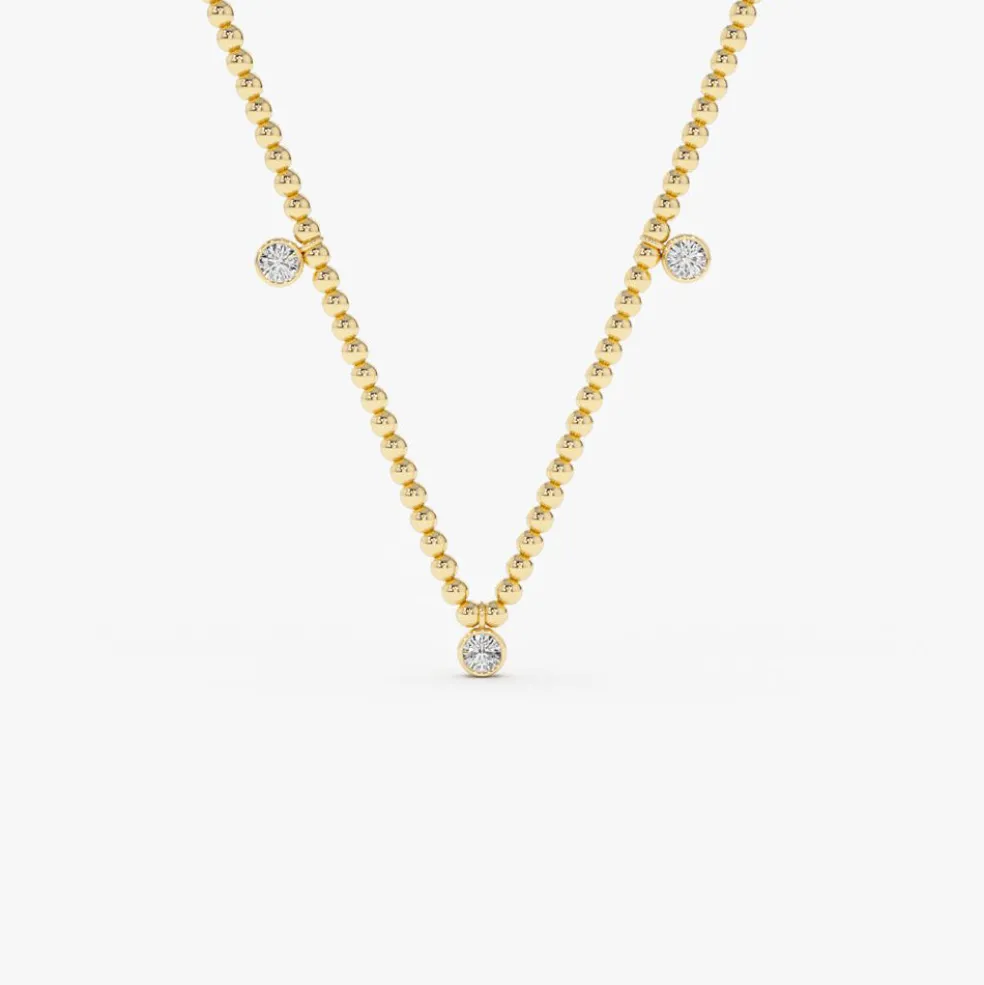 14k 2MM Bead Necklace with Dangling Bezel Setting Diamonds