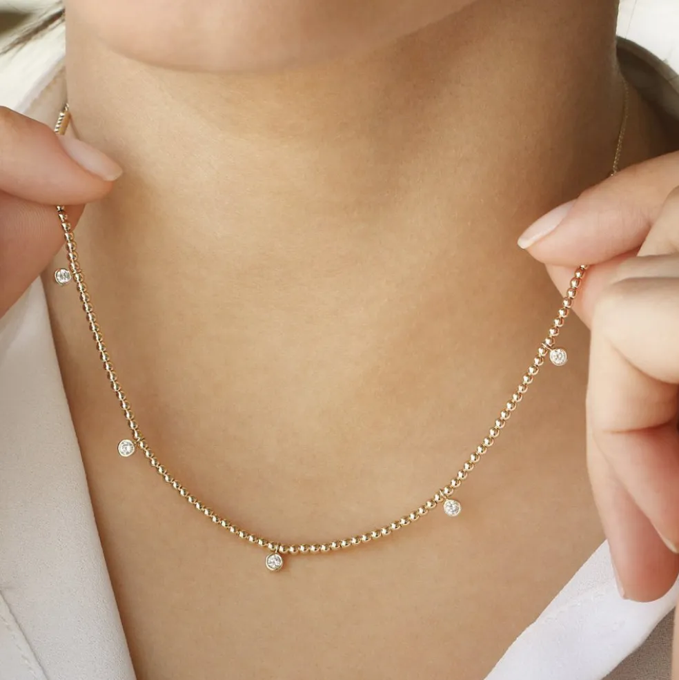 14k 2MM Bead Necklace with Dangling Bezel Setting Diamonds