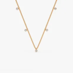 14k 2MM Bead Necklace with Dangling Bezel Setting Diamonds
