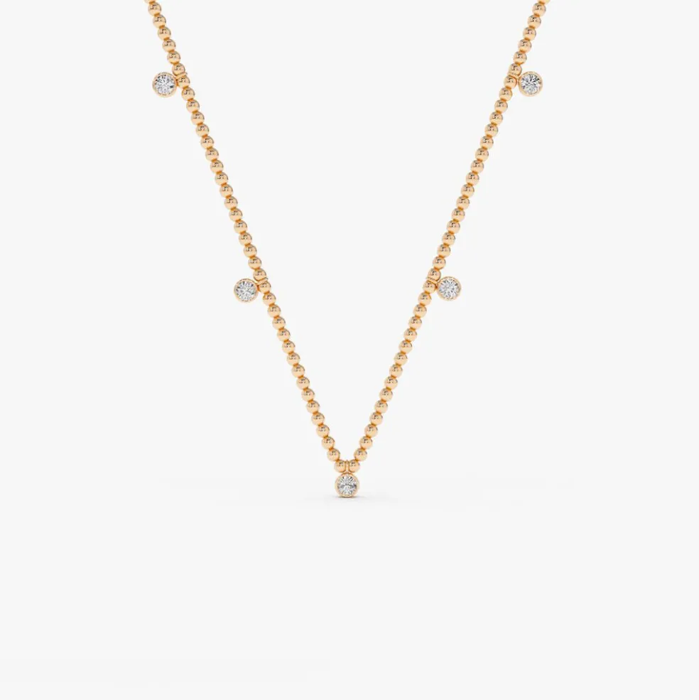 14k 2MM Bead Necklace with Dangling Bezel Setting Diamonds