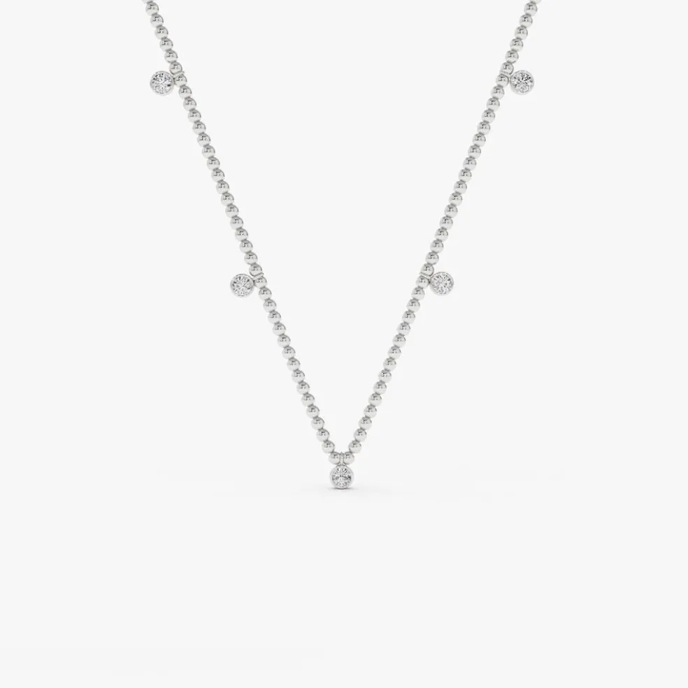 14k 2MM Bead Necklace with Dangling Bezel Setting Diamonds