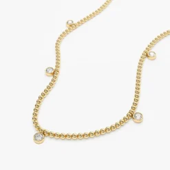 14k 2MM Bead Necklace with Dangling Bezel Setting Diamonds