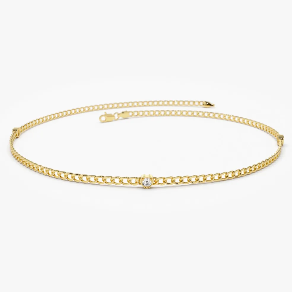 14k 2MM Curb Link Bracelet w/ Heart Shape Solitaire Round Diamonds
