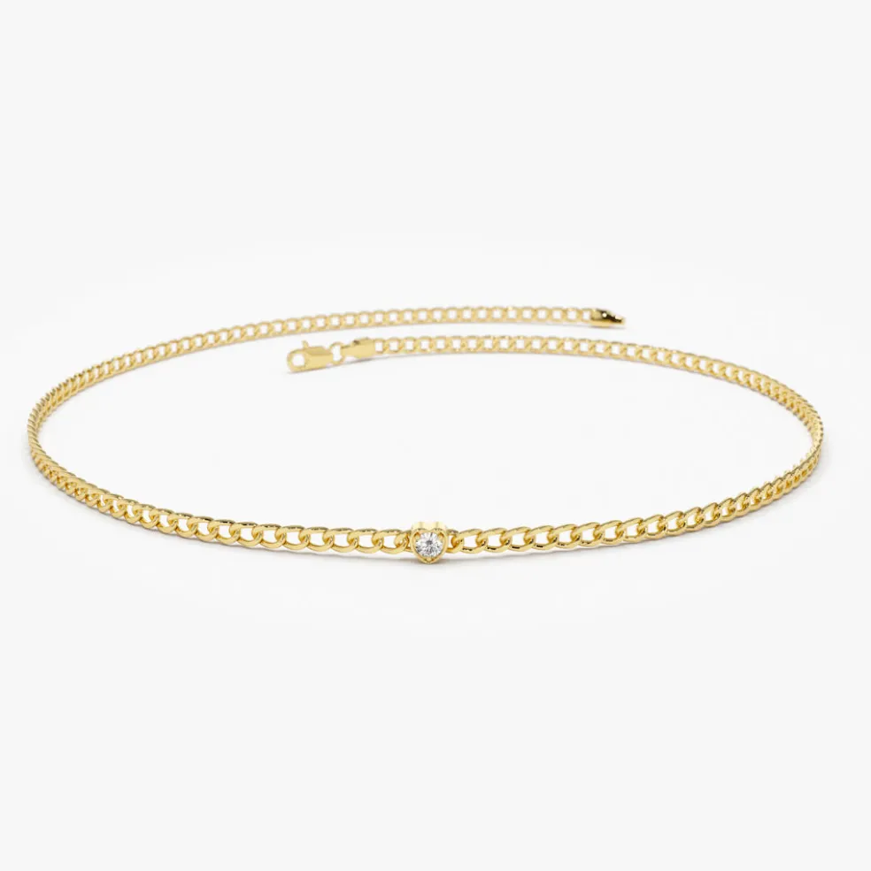 14k 2MM Curb Link Bracelet w/ Heart Shape Solitaire Round Diamonds