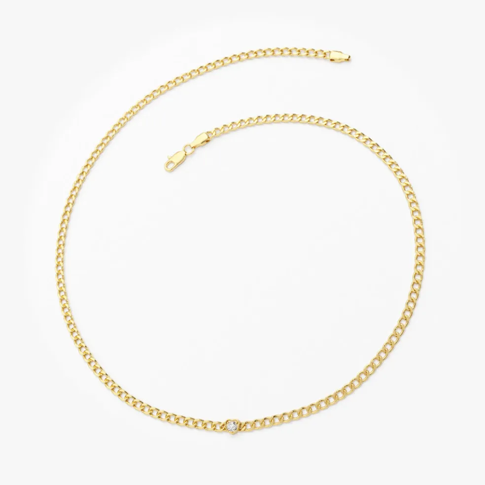 14k 2MM Curb Link Bracelet w/ Heart Shape Solitaire Round Diamonds