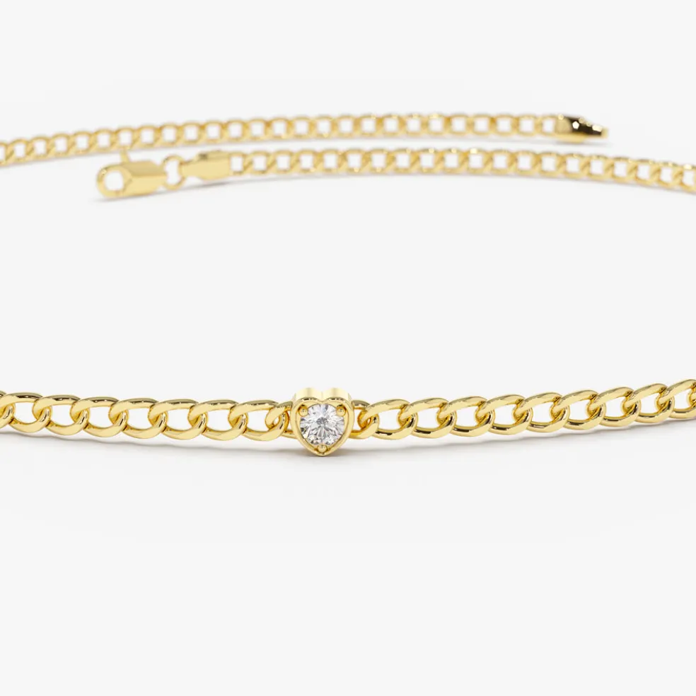 14k 2MM Curb Link Bracelet w/ Heart Shape Solitaire Round Diamonds