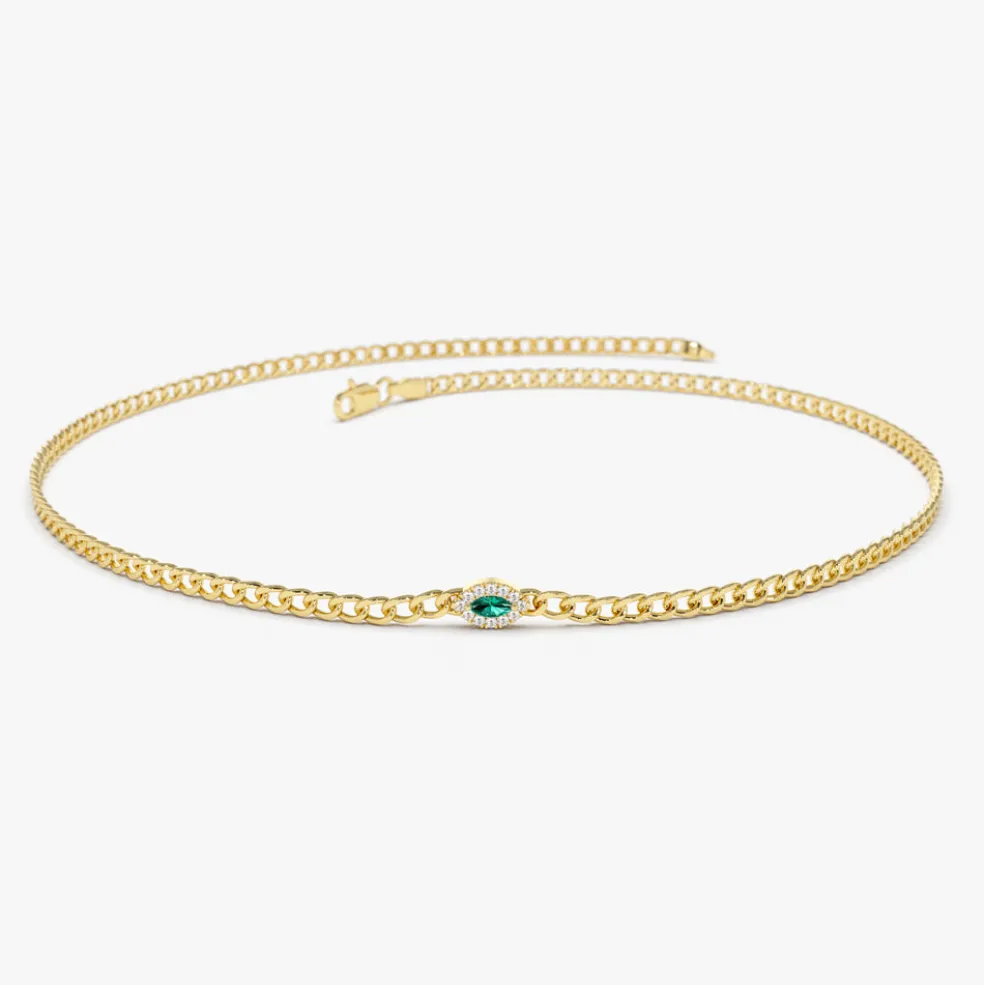 14k 2MM Curb Link Marquise Emerald Bracelet