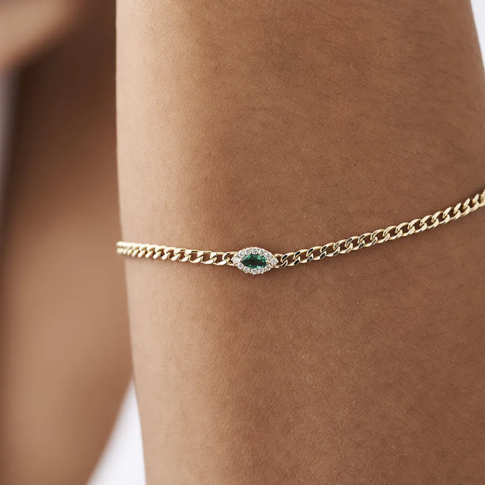14k 2MM Curb Link Marquise Emerald Bracelet