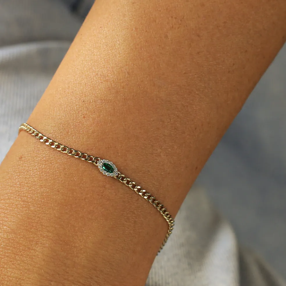 14k 2MM Curb Link Marquise Emerald Bracelet