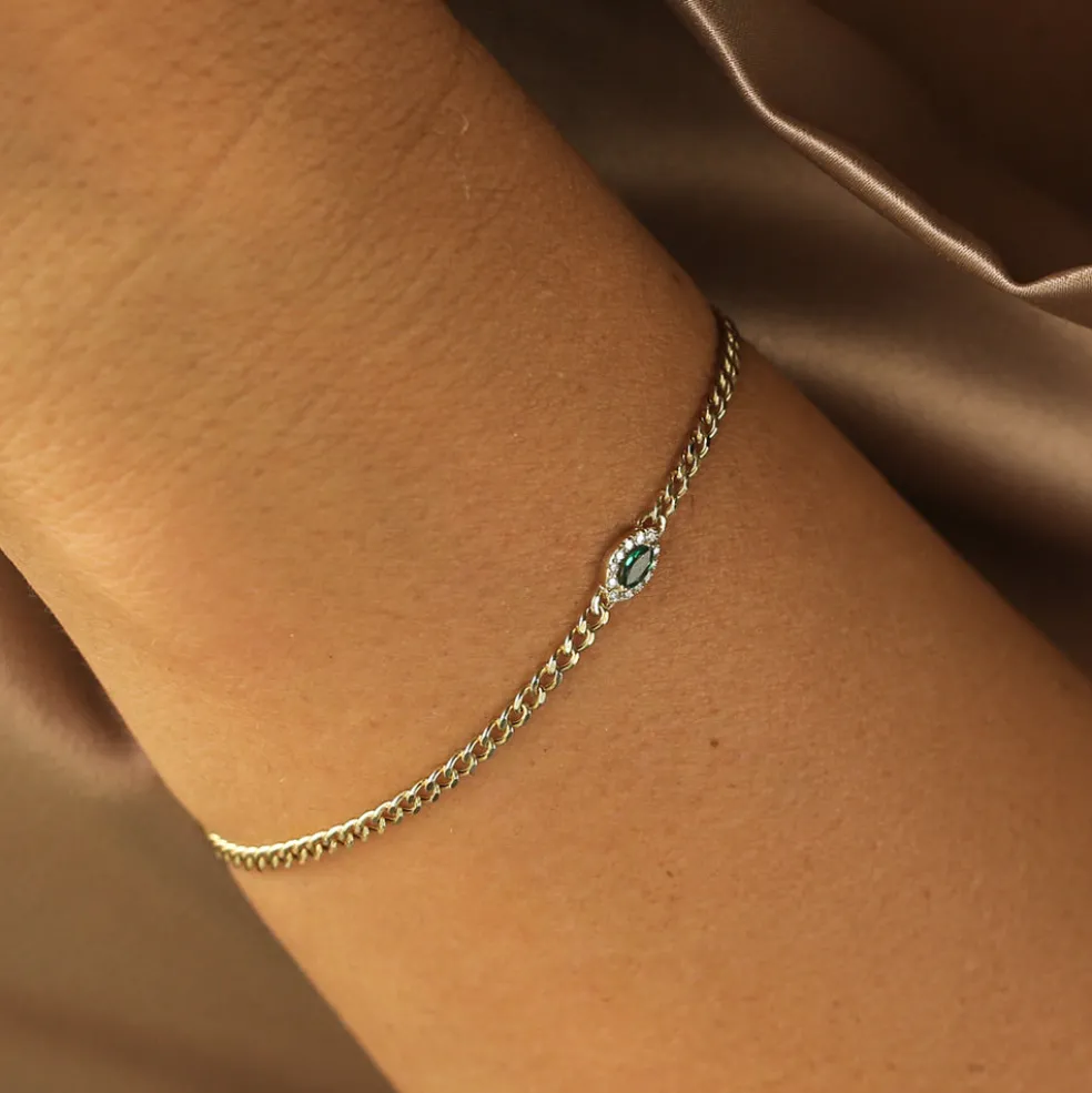 14k 2MM Curb Link Marquise Emerald Bracelet