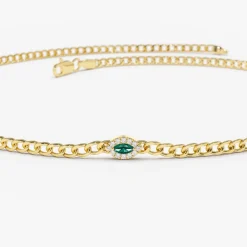 14k 2MM Curb Link Marquise Emerald Bracelet