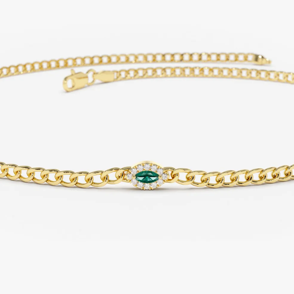 14k 2MM Curb Link Marquise Emerald Bracelet