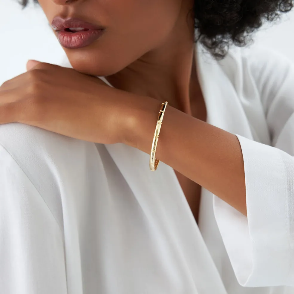 14K 4MM Dome X Cut Design Gold Bangle