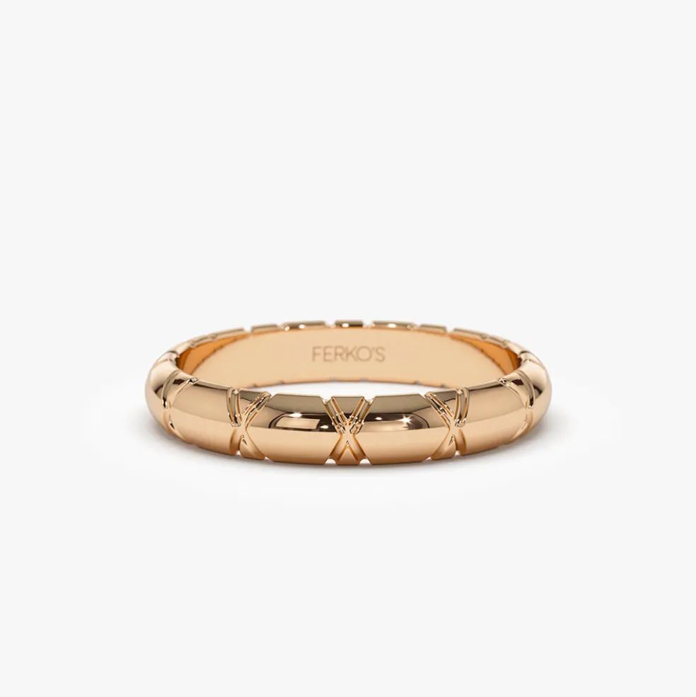 14k 3MM Unique X Cut Design Gold Wedding Ring