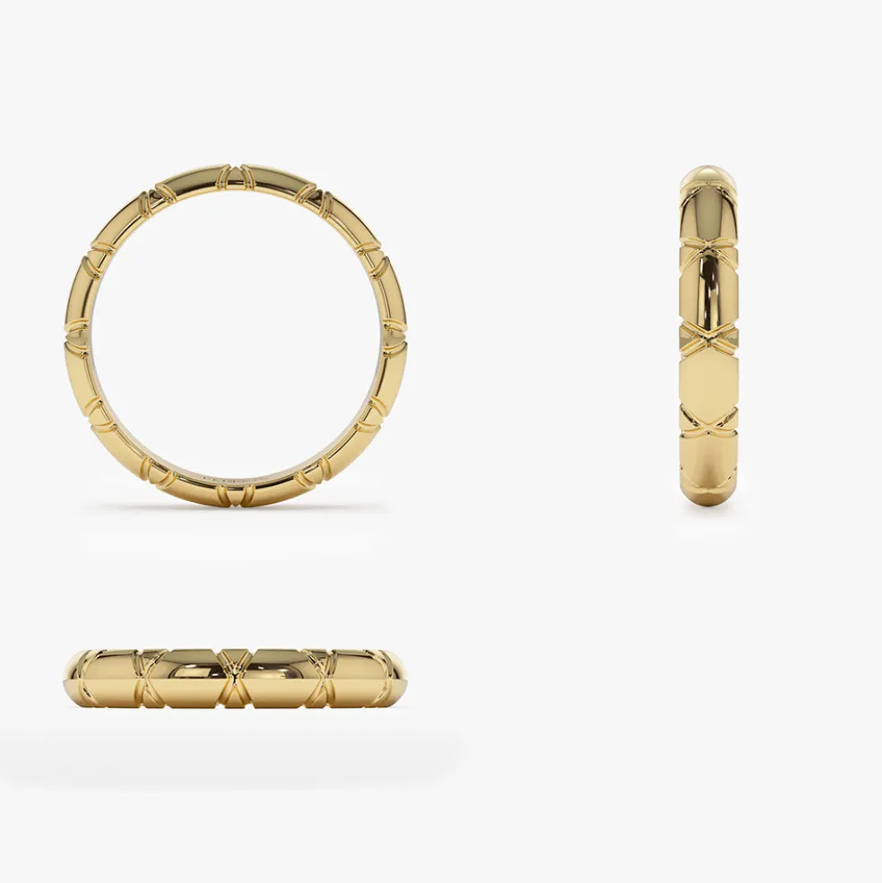 14k 3MM Unique X Cut Design Gold Wedding Ring
