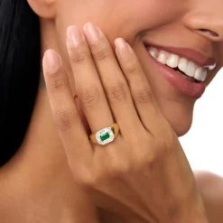14k Octagon Shape Baguette Diamond Emerald Ring