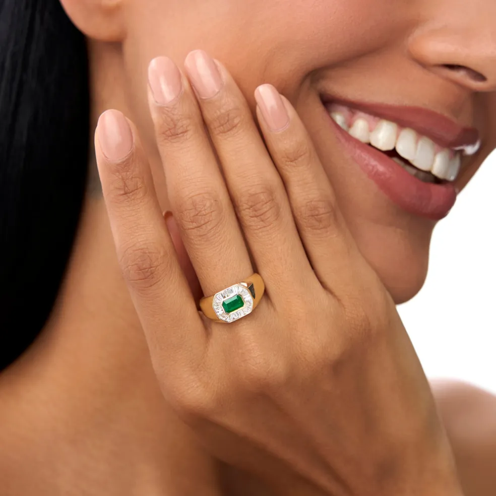14k Octagon Shape Baguette Diamond Emerald Ring