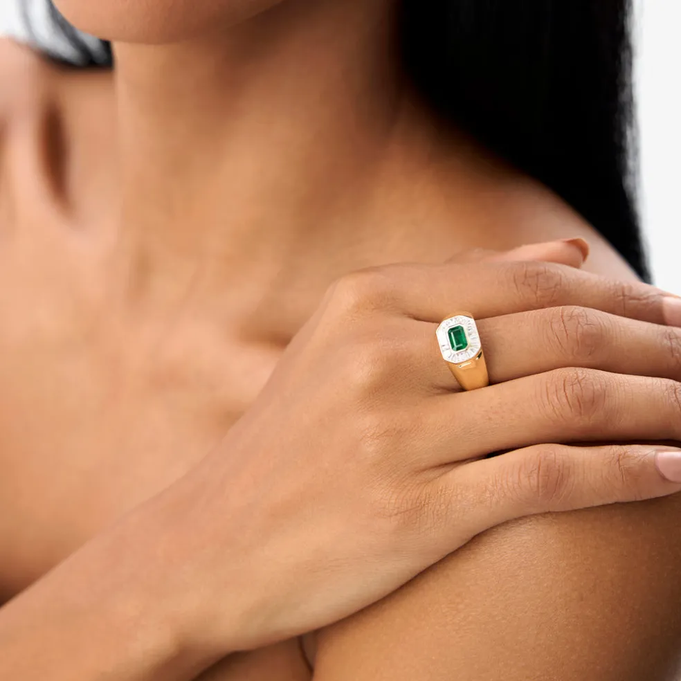 14k Octagon Shape Baguette Diamond Emerald Ring