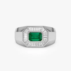 14k Octagon Shape Baguette Diamond Emerald Ring