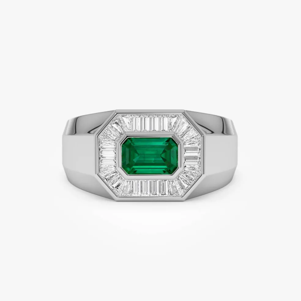 14k Octagon Shape Baguette Diamond Emerald Ring