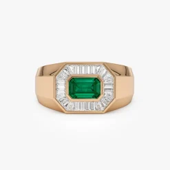 14k Octagon Shape Baguette Diamond Emerald Ring