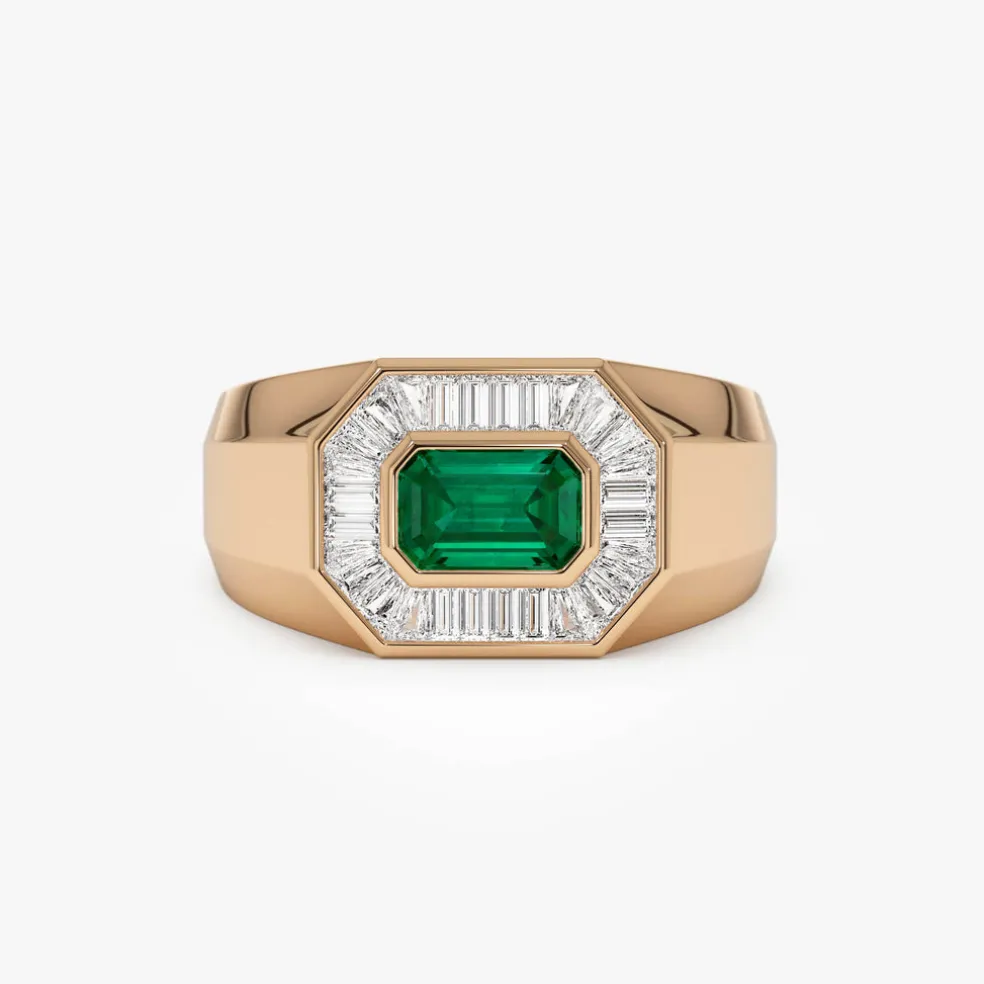 14k Octagon Shape Baguette Diamond Emerald Ring