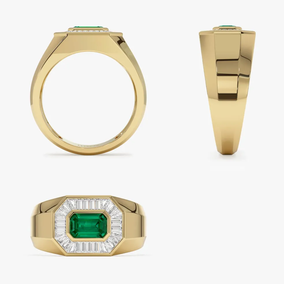 14k Octagon Shape Baguette Diamond Emerald Ring