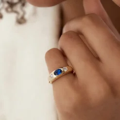 14k Oval Blue Sapphire with Round Diamonds Dome Ring