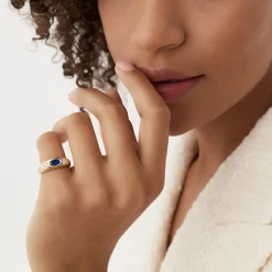 14k Oval Blue Sapphire with Round Diamonds Dome Ring
