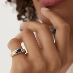 14k Oval Blue Sapphire with Round Diamonds Dome Ring