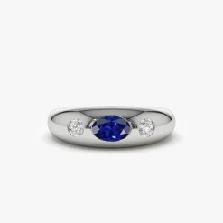 14k Oval Blue Sapphire with Round Diamonds Dome Ring