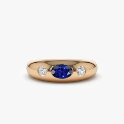 14k Oval Blue Sapphire with Round Diamonds Dome Ring