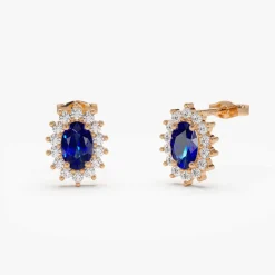 14k Oval Cut Blue Sapphire Earrings with Diamonds