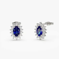 14k Oval Cut Blue Sapphire Earrings with Diamonds