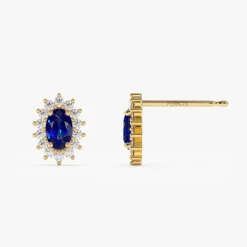 14k Oval Cut Blue Sapphire Earrings with Diamonds