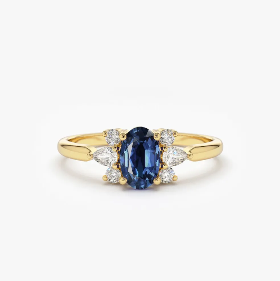 14k Oval Cut Genuine Sapphire Diamond Ring