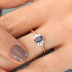 14k Oval Cut Genuine Sapphire Diamond Ring