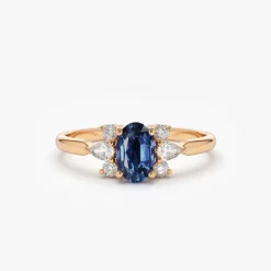 14k Oval Cut Genuine Sapphire Diamond Ring