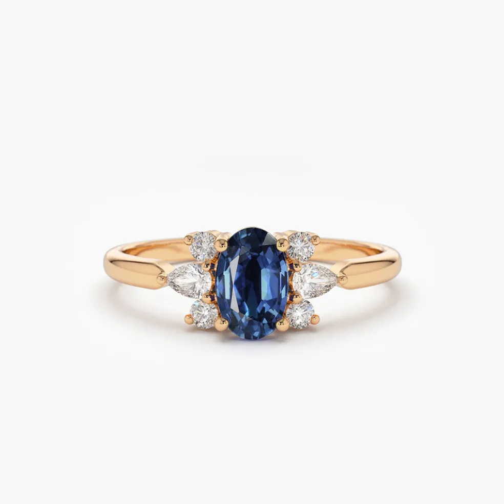 14k Oval Cut Genuine Sapphire Diamond Ring