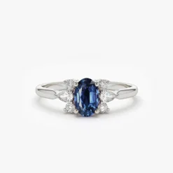 14k Oval Cut Genuine Sapphire Diamond Ring
