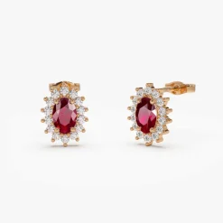 14k Oval Cut Ruby Earrings with Diamonds