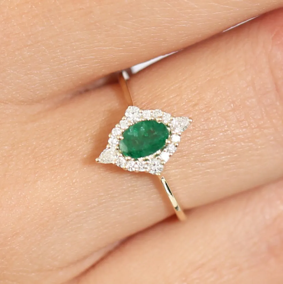 14k Oval Emerald and Diamond Bellarina Ring